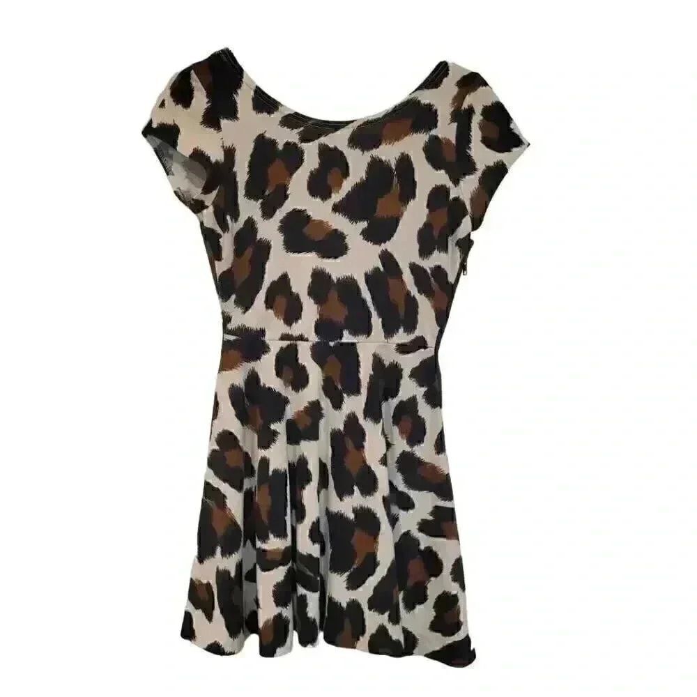 Aqua Women's Ivory/Tan/Black Poly/Spandex Short Sleeve Dress w Side Zip